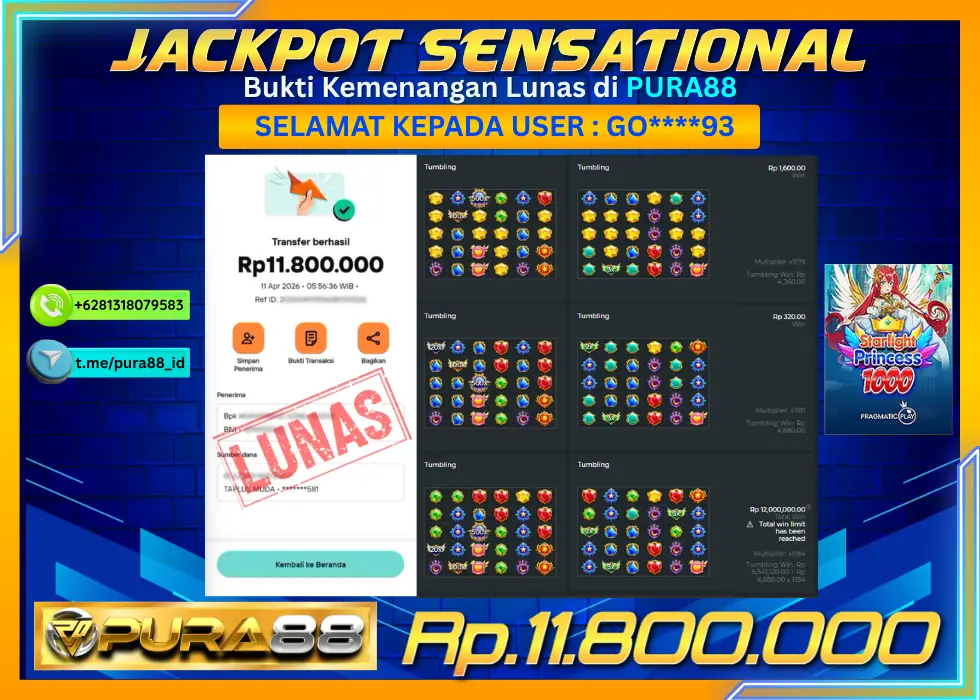 PURA88 JACKPOT STARLIGHT PRINCESS 1000 Rp 11.800.000,- LUNAS